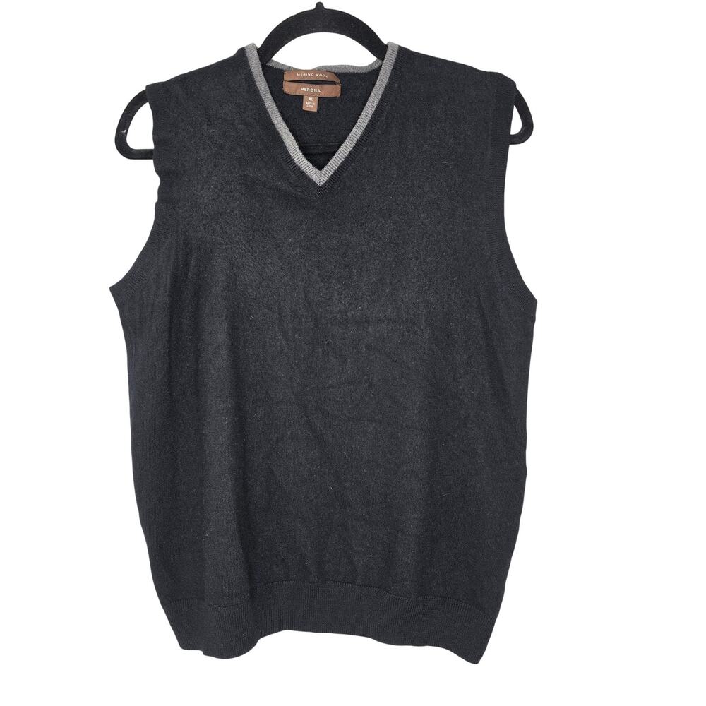 Merona Sweater Vest Mens XL Black Merino Wool VNeck Knit Pullover Classic Preppy